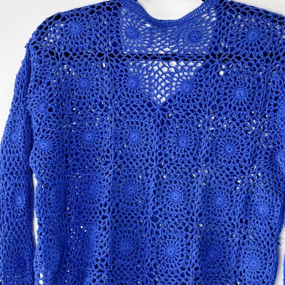 Vintage 1990s Royal Blue Crochet Sweater Haband! Size Large Cotton Blend - Picture 5 of 11